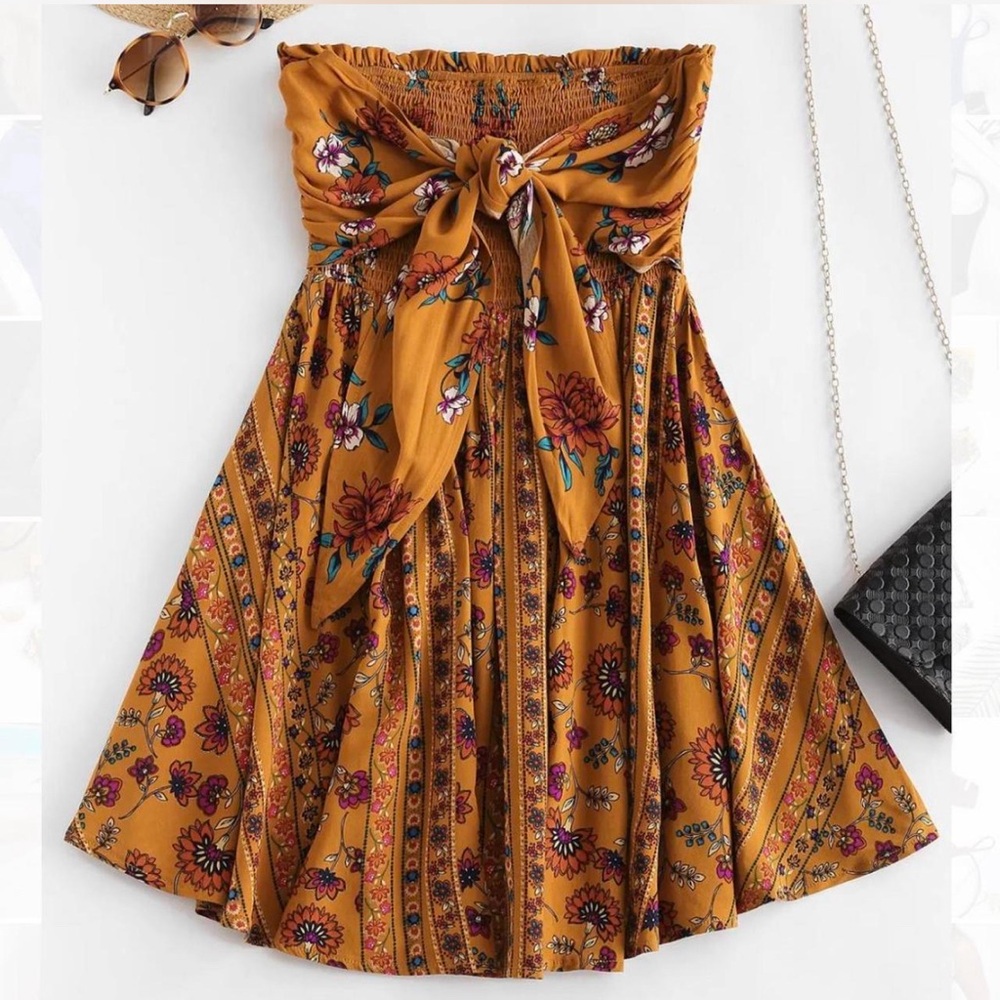 Floral Mustard Strapless Dress